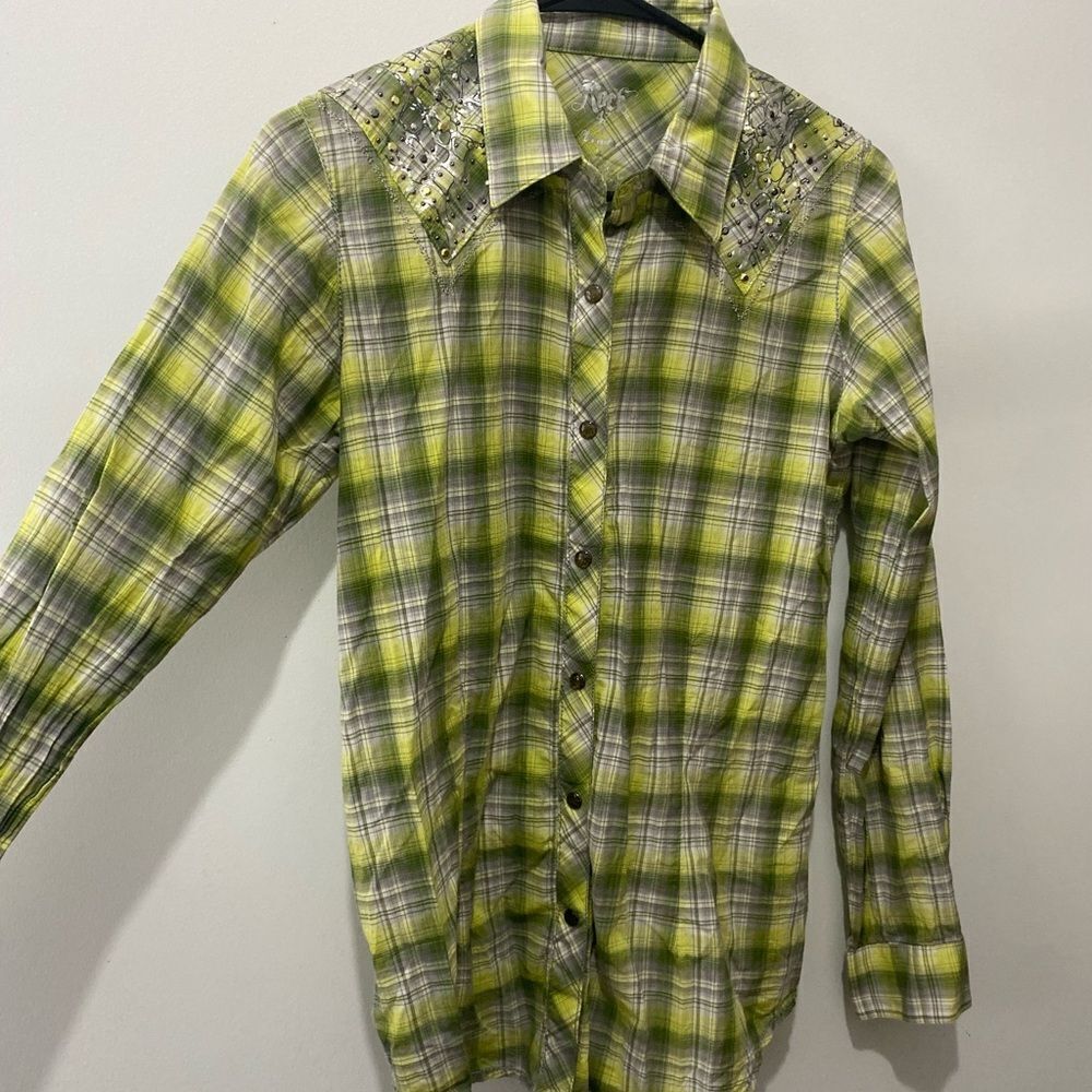 Rock 47 by wrangler cowgirl plaid western rodeo shirt with gems